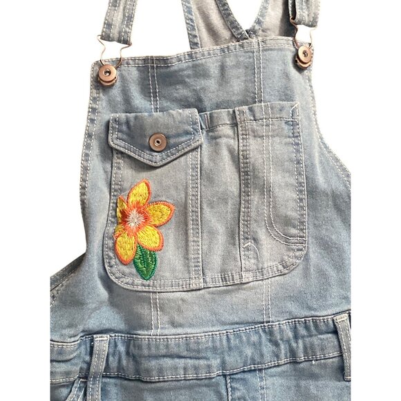No Boundaries Denim Shortalls Floral Embroidered Size L (11-13) NWT - Picture 2 of 11